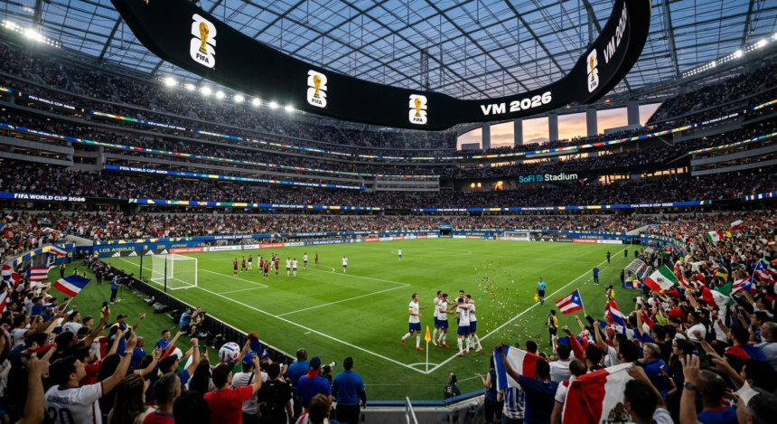 Official FIFA World Cup 2026 poster featuring mascots Zayu, Maple, and Clutch with the Trionda match ball and host city landmarks