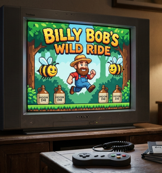 A cozy 1990s living room with a CRT TV showing the title screen of 'Billy Bob's Arcade Adventures,' surrounded by gaming clutter.