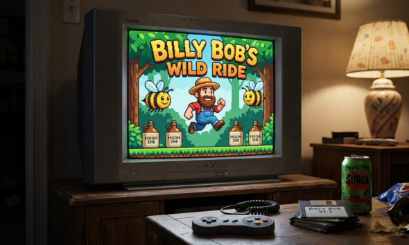 A cozy 1990s living room with a CRT TV showing the title screen of 'Billy Bob's Arcade Adventures,' surrounded by gaming clutter.