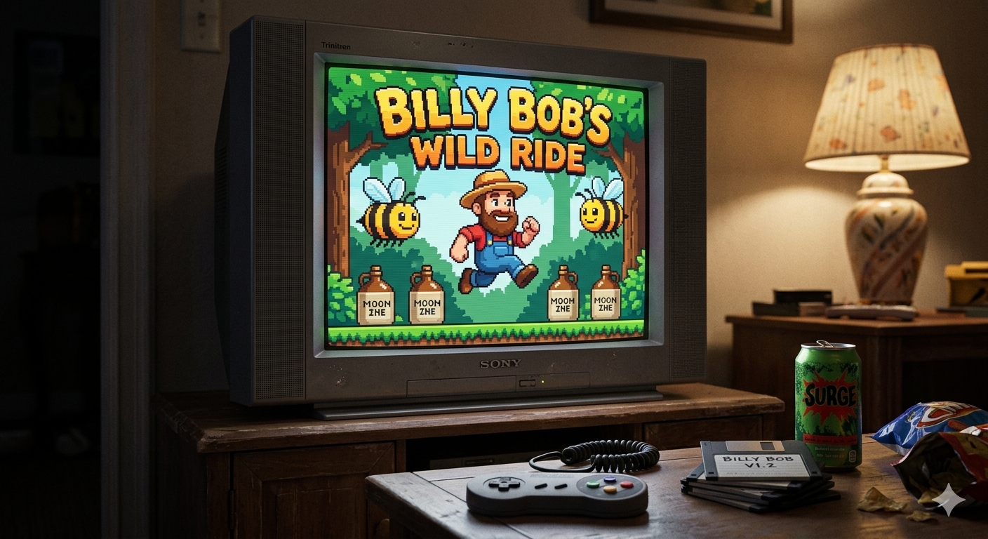 A cozy 1990s living room with a CRT TV showing the title screen of 'Billy Bob's Arcade Adventures,' surrounded by gaming clutter.