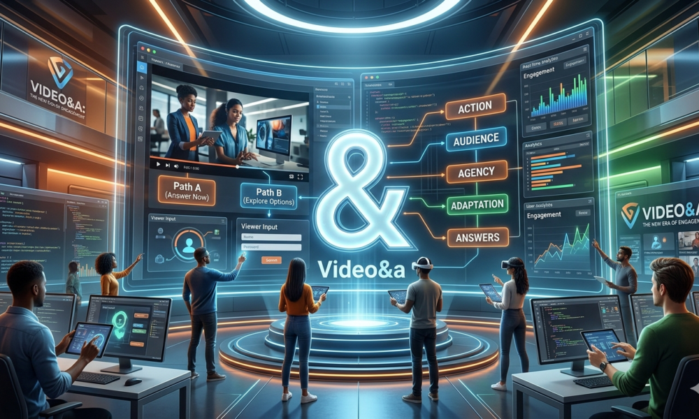 A futuristic digital software studio featuring a massive curved holographic display with a glowing ampersand symbol and the text "Video&a". The interface showcases interactive video features, including branching narrative flowcharts labeled Action, Audience, Agency, Adaptation, and Answers, alongside real-time data analytics dashboards while creators interact using tablets and computers.