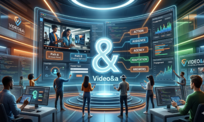 A futuristic digital software studio featuring a massive curved holographic display with a glowing ampersand symbol and the text "Video&a". The interface showcases interactive video features, including branching narrative flowcharts labeled Action, Audience, Agency, Adaptation, and Answers, alongside real-time data analytics dashboards while creators interact using tablets and computers.