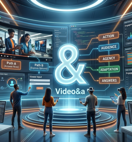 A futuristic digital software studio featuring a massive curved holographic display with a glowing ampersand symbol and the text "Video&a". The interface showcases interactive video features, including branching narrative flowcharts labeled Action, Audience, Agency, Adaptation, and Answers, alongside real-time data analytics dashboards while creators interact using tablets and computers.