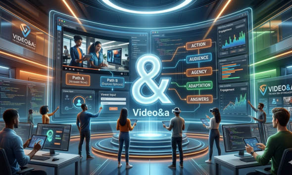 A futuristic digital software studio featuring a massive curved holographic display with a glowing ampersand symbol and the text "Video&a". The interface showcases interactive video features, including branching narrative flowcharts labeled Action, Audience, Agency, Adaptation, and Answers, alongside real-time data analytics dashboards while creators interact using tablets and computers.