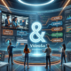 A futuristic digital software studio featuring a massive curved holographic display with a glowing ampersand symbol and the text "Video&a". The interface showcases interactive video features, including branching narrative flowcharts labeled Action, Audience, Agency, Adaptation, and Answers, alongside real-time data analytics dashboards while creators interact using tablets and computers.