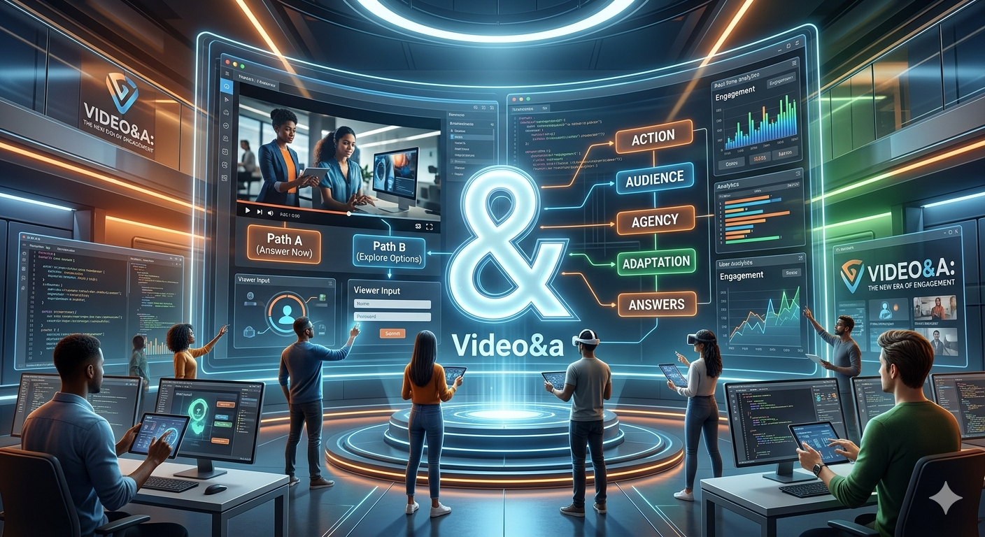A futuristic digital software studio featuring a massive curved holographic display with a glowing ampersand symbol and the text "Video&a". The interface showcases interactive video features, including branching narrative flowcharts labeled Action, Audience, Agency, Adaptation, and Answers, alongside real-time data analytics dashboards while creators interact using tablets and computers.
